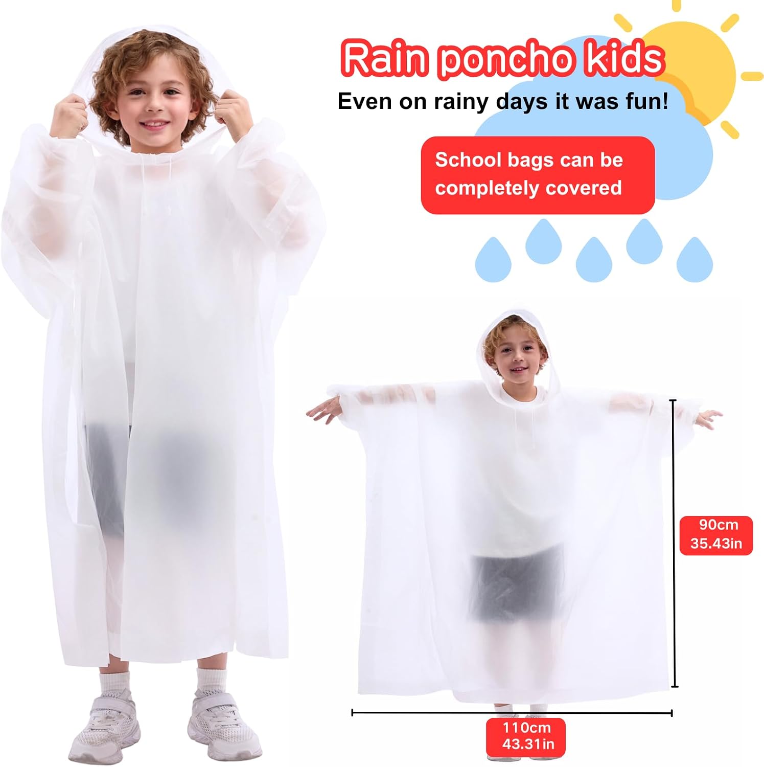 Reusable Waterproof Kids Rain Ponchos 2 Packs - 8-14Y, Hood & Sleeves, Park Essentials