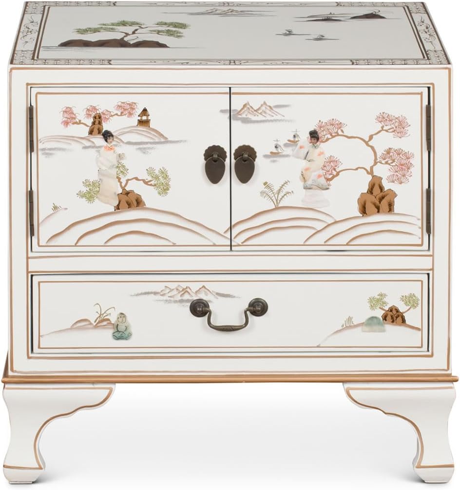 ChinaFurnitureOnline Hand-Painted White Lacquer Oriental Accent Cabinet with Scenic Motif