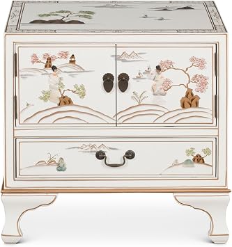 Hand-Painted White Lacquer Oriental Accent Cabinet with Scenic Motif