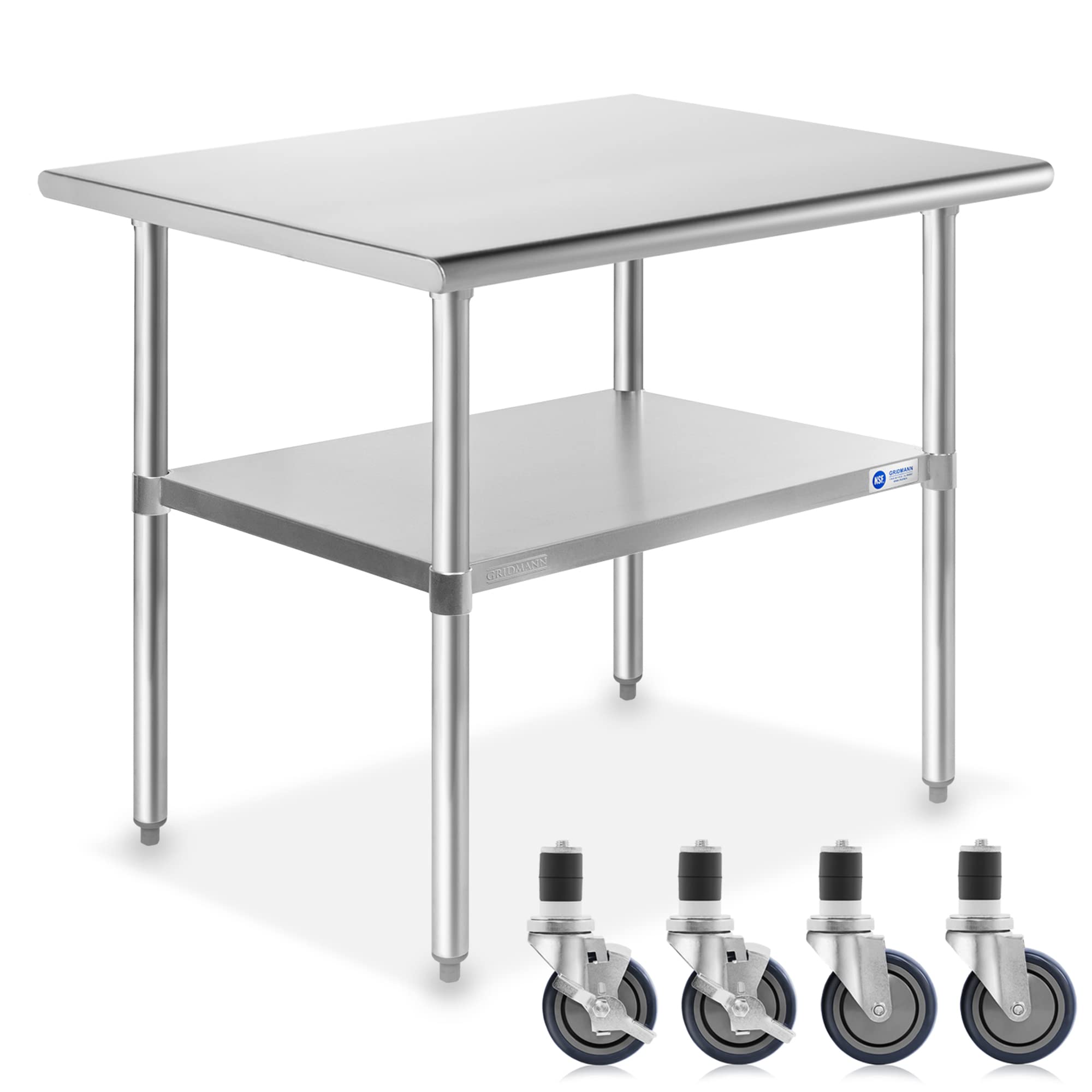 GRIDMANN NSF Stainless Steel Work & Prep Table 36 x 24 Inches with Caster Wheels and Under Shelf for Restaurant, Home, Hotel