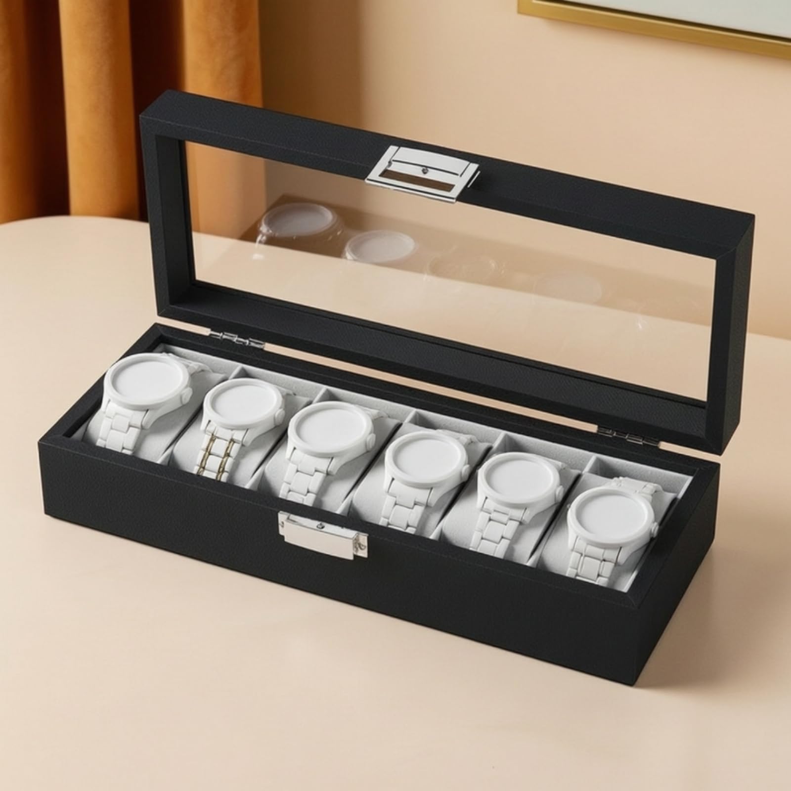 Boîte à Montres Cvercle En Verre Vitré à Montres Cvercle En Verre Transparent Organisateur pr Hommes, Bureau, 6 Emplacements