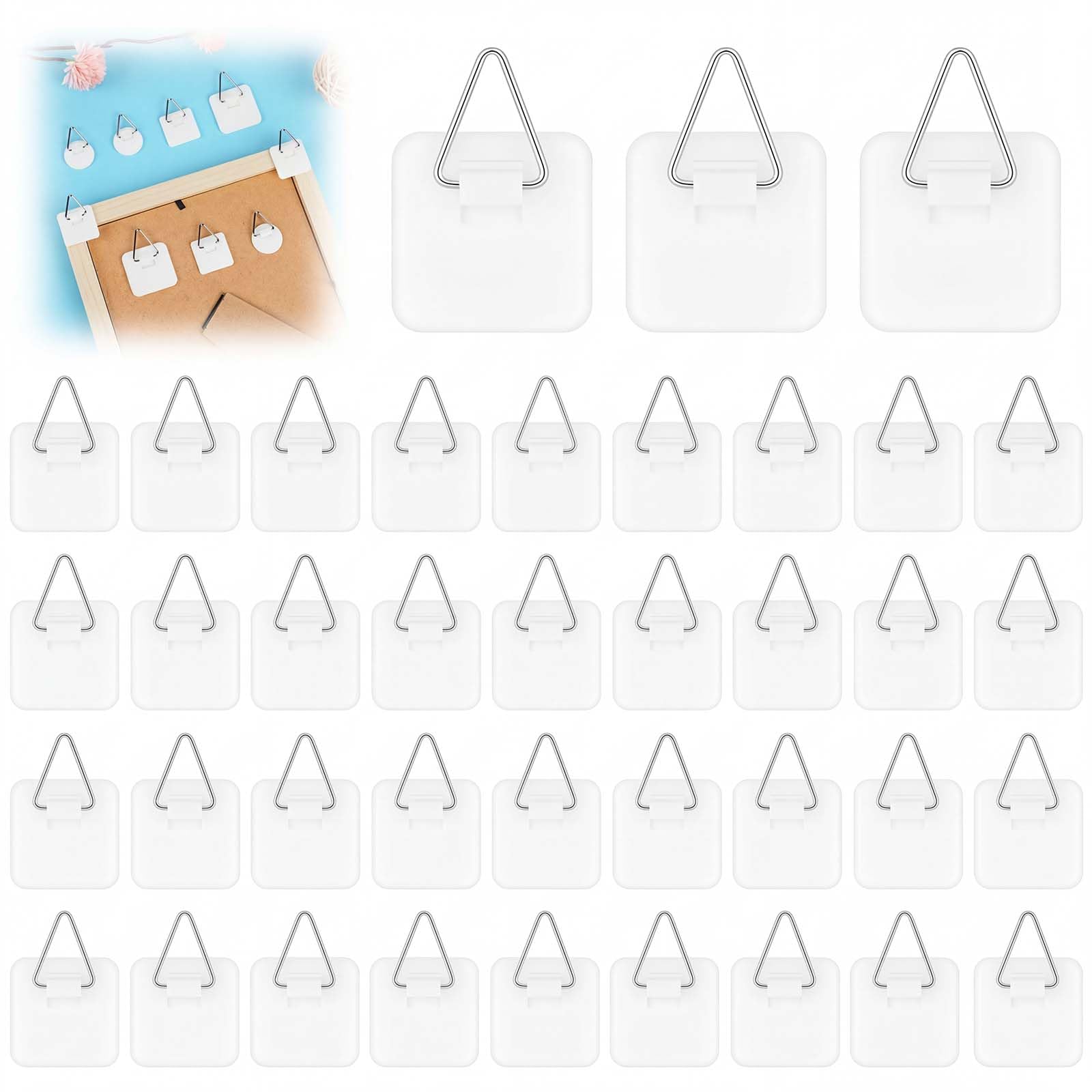 vsshe Picture Hanger Hooks, 36 Pcs Small Square Self Adhesive Plate Hangers for Walls, Invisible Stick Picture Frame Hooks Without Nails for Photo Frame and Art Wall Decoration Max Weight 3 KG