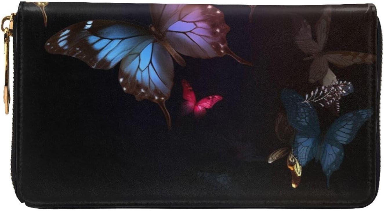 Womens Wallet Butterflies On Black Background Printing Blocking Leather Clutch Long Wallet For Women Card Holder Blocking Credit Card Organizer With Zipper Pocket