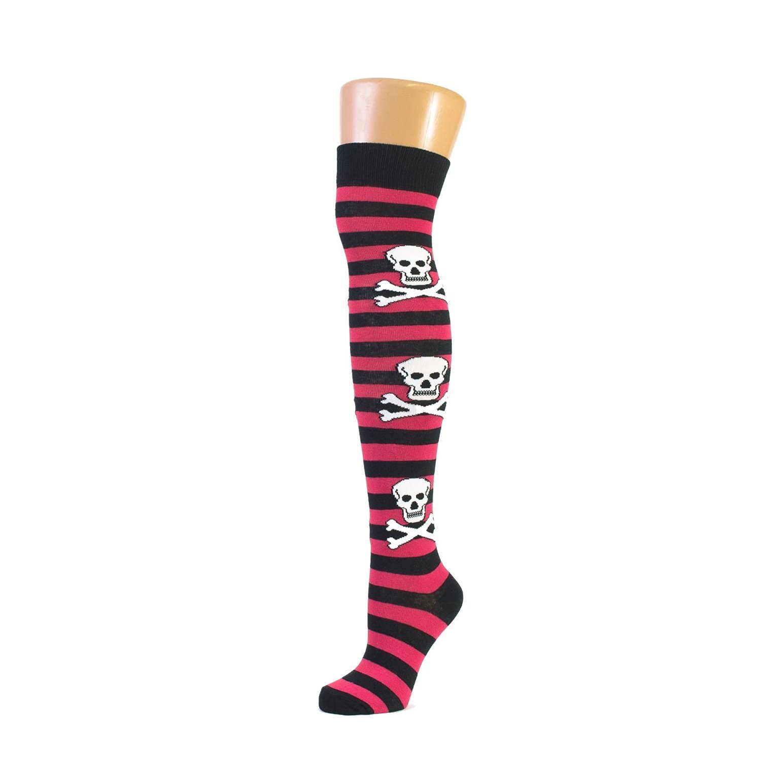 M Macahel Women's Fuchsia Macahel Over The Knee Striped Skull Socks (Fuchsia)