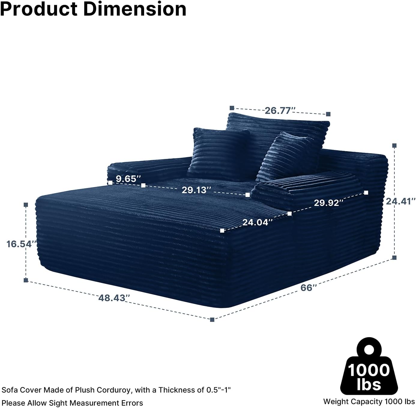 65'' Chaise Lounge Chair Indoor, Plush Corduroy Longue Chair Sleeper Sofa, Boneless Oversized Sofa Bed for Bedroom Living Room, Comfy Fluffy Reading Recliner Cloud Couch No Assembly