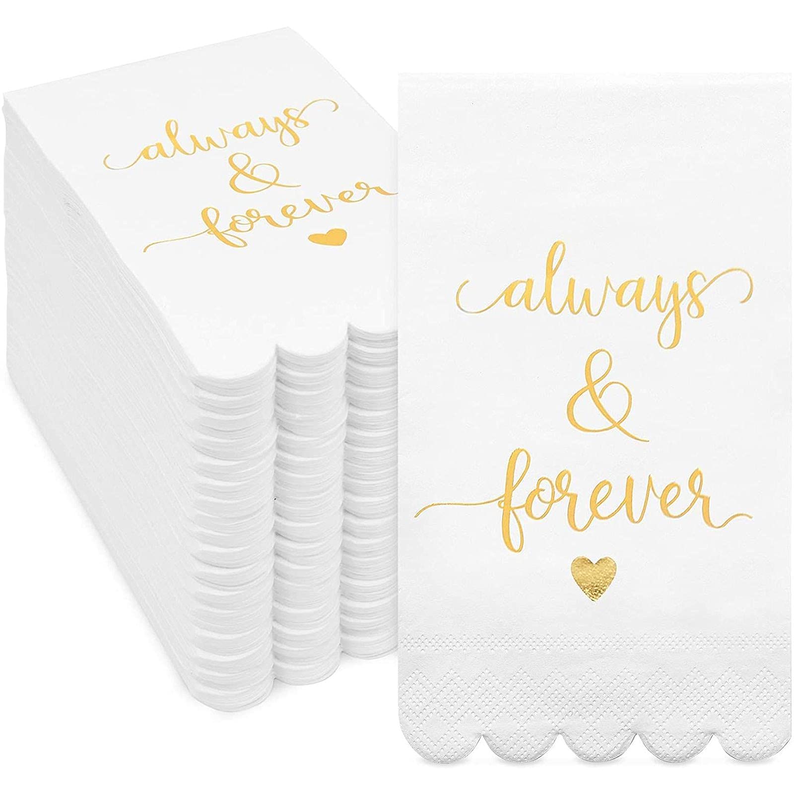 100 Pack White Napkins for Wedding Reception with Gold Foil Scalloped Edges, Always and Forever (3-Ply, 4 x 8 in)