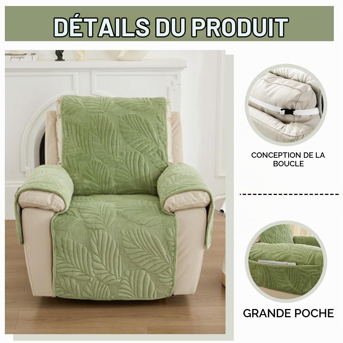 FANSU Housse de Fauteuil Relax Extensible 1 Places, Feuille Peluche Courte Housse de Fauteuil Relax Inclinable Electrique, avec Poches et Élastique Housse de Canapé Antidérapante