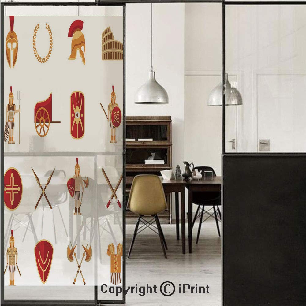 Toga Party 3D Decorative Film Privacy Window Film No Glue,Frosted Film Decorative,Fighters Gladiators Greek Antiquity Warriors Icons Set in Graphic Style Decorative,for Home&Office,23.6x70.8Inch Orang