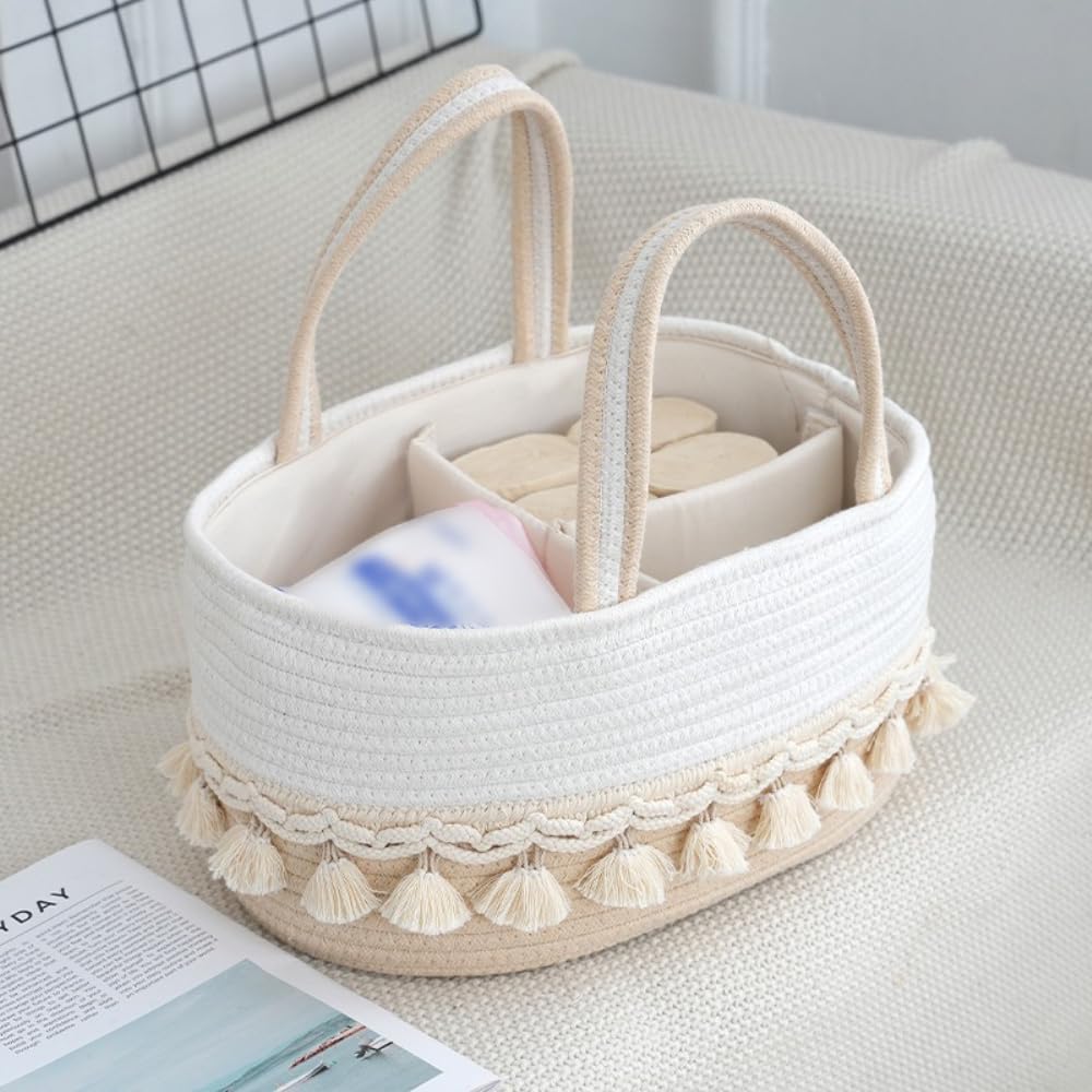 Aufbewahrungskorb Baumwollseil Gewebte Wickeltasche Wickel-Organizer | Baby-Wickeltasche Windelkorb Babykorb Tragbare Einkaufstasche Shopper mit 3 Schichten,Geschenktasche für Neugeborene,Khaki B