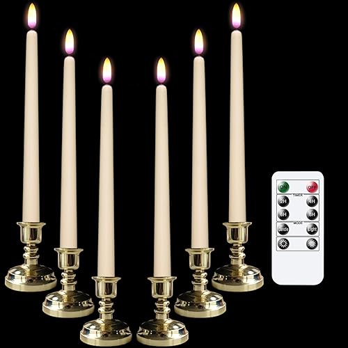DRomance - Velas alargadas decorativas sin llama, con control remoto y temporizador Paquete de 6 marfil con soporte dorado,Paquete de 6 blanco con