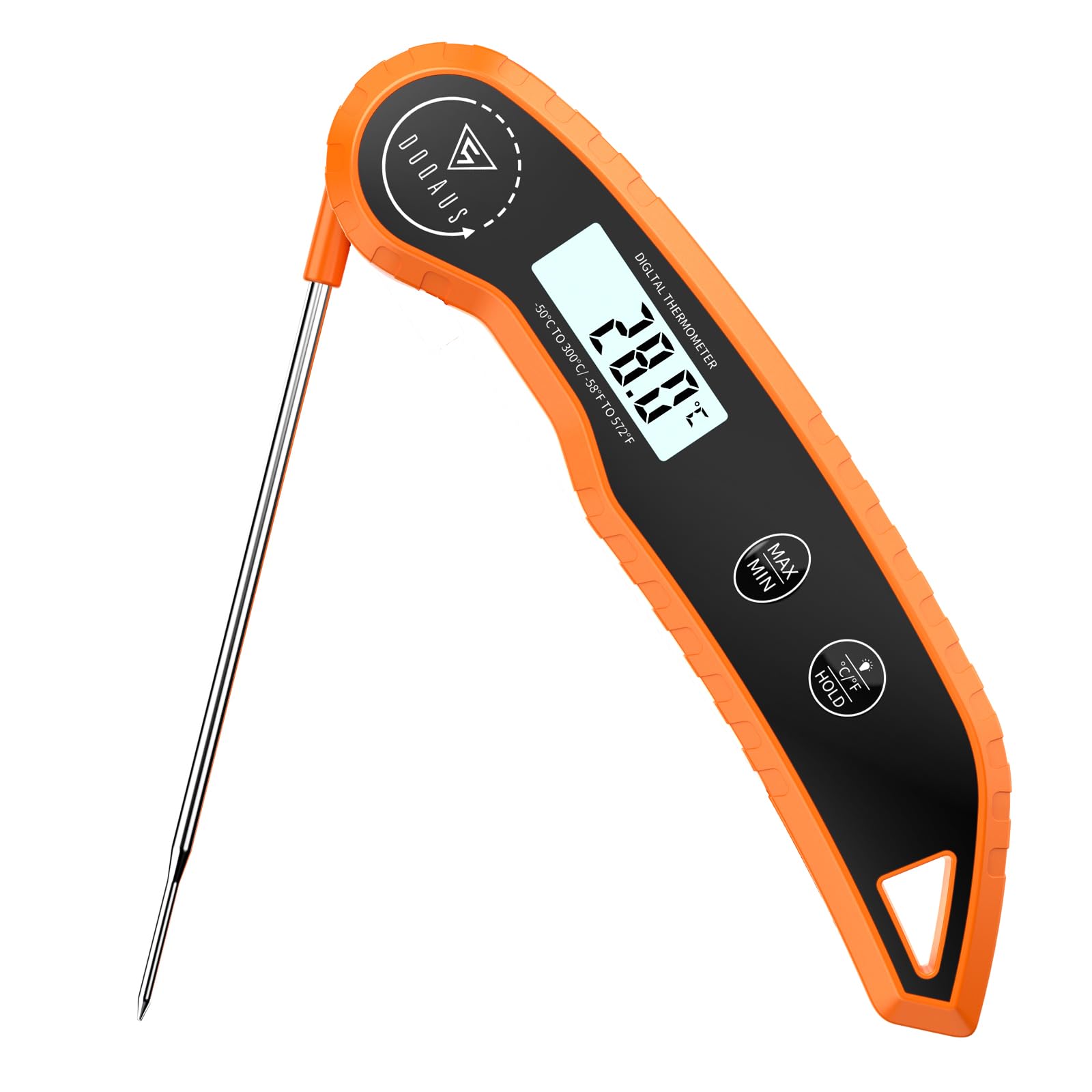 DOQAUS Meat Thermometers, 3S Instant Read Food Thermometer with ±0.5℃ Precision, Backlit LCD, 12cm Stainless Food Probe, Auto On/Off Meat Thermometer Probe for Cooking, Baking, BBQ, Water, Oil,Orange