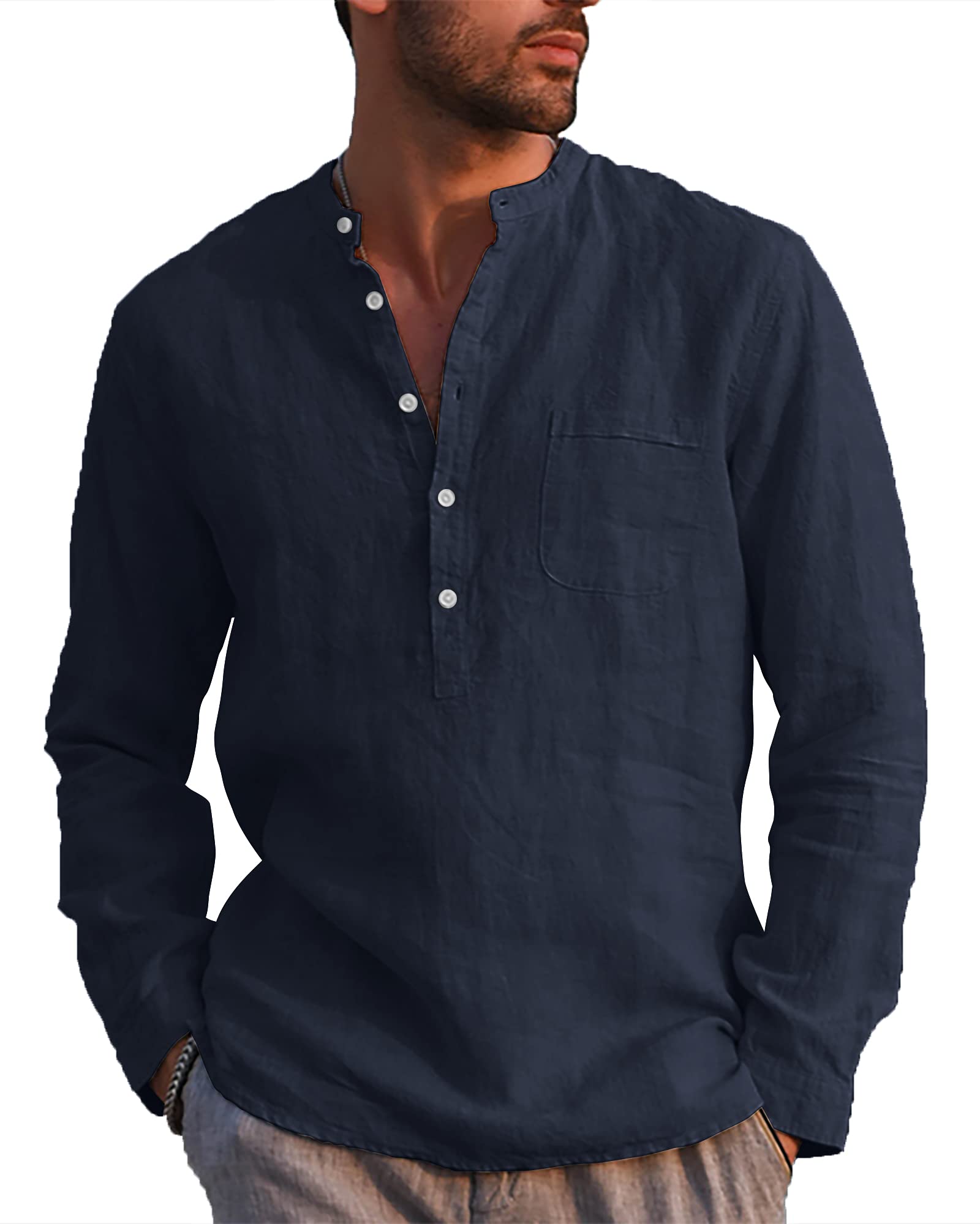 LVCBL Hemd Herren Langarm Henley Sommerhemd Herren Freizeithemd Leinenhemd Regular Fit Men Shirts