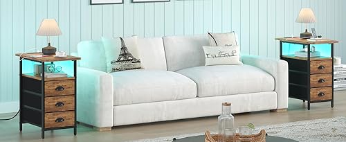 Miniatura 8 de Mesa auxiliar con estación de carga, mesas auxiliares LED con puertos USB y tomacorrientes, mesitas de noche estrechas con 3 cajones de tela para