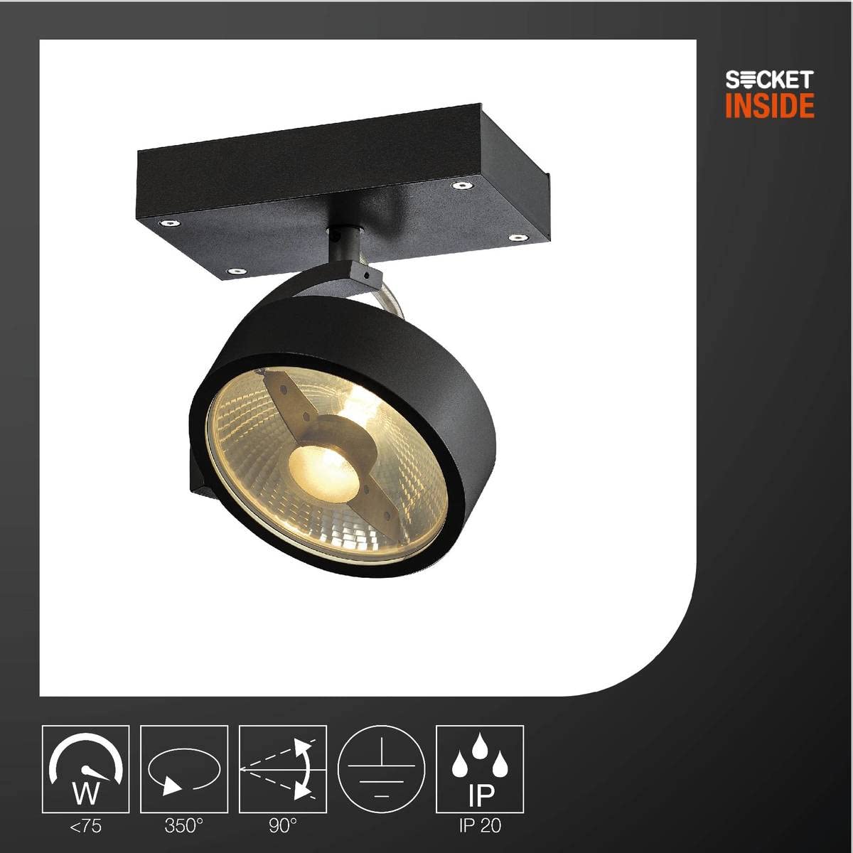 SLV luminaria de superficie de pared y techo KALU/iluminación de interior de techo y pared, proyector de techo / GU10 75 W negro