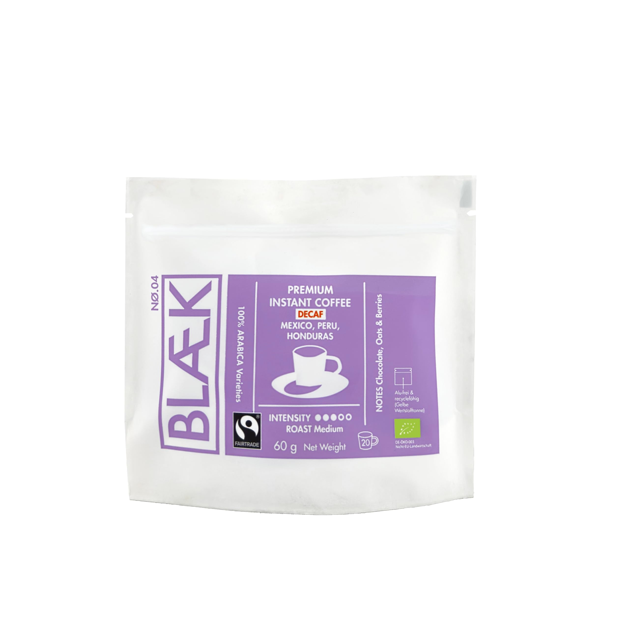 BLÆK Specialty Bio Instant Kaffee Decaf: Blaek Nø.4 entkoffeiniert | löslicher Premium Coffee To Go 6er Set 60g Bag koffeinfrei säurearm & mild | Arabica Hochland Kaffeebohne Medium Roast