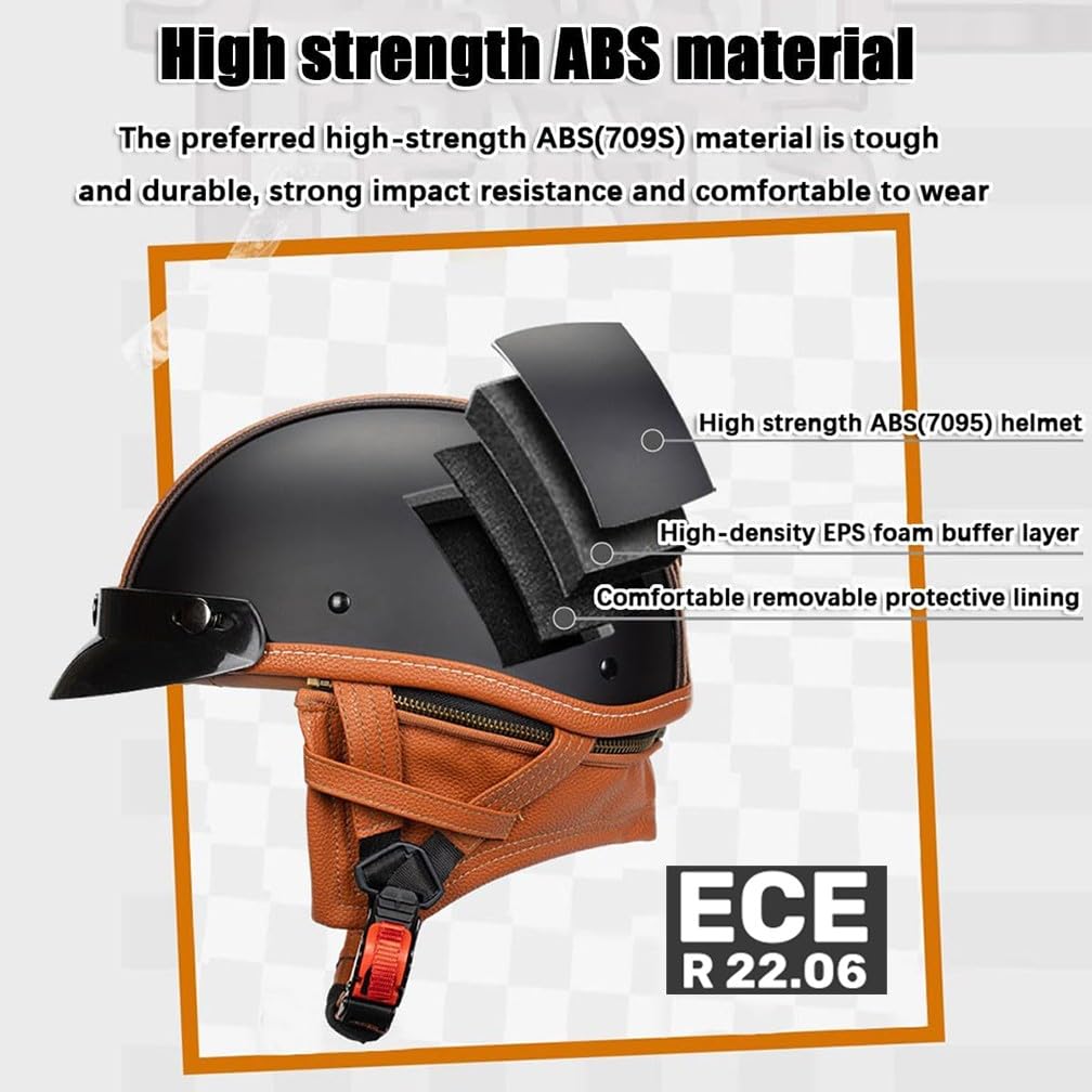 Vintage Deutsche Motorrad Halbhelme mit ECE Genehmigt, Leder Offenem Helm Jet-Helm mit Schutzbrille, Bike Cruiser Chopper Moped Scooter Roller Helm Brain-Cap für Männer Und Frauen