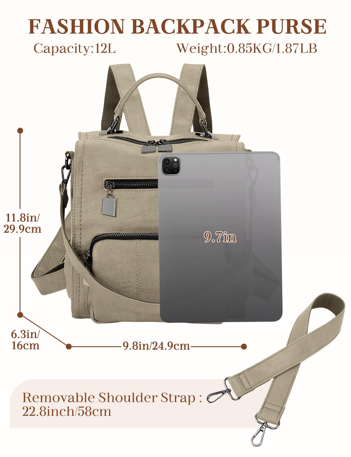 RAVUO Rucksack Damen Klein,Elegant PU Leder Rucksackhandtaschen Wasserdicht Cityrucksack für Freizeit Reisen Schule Arbeit Beige