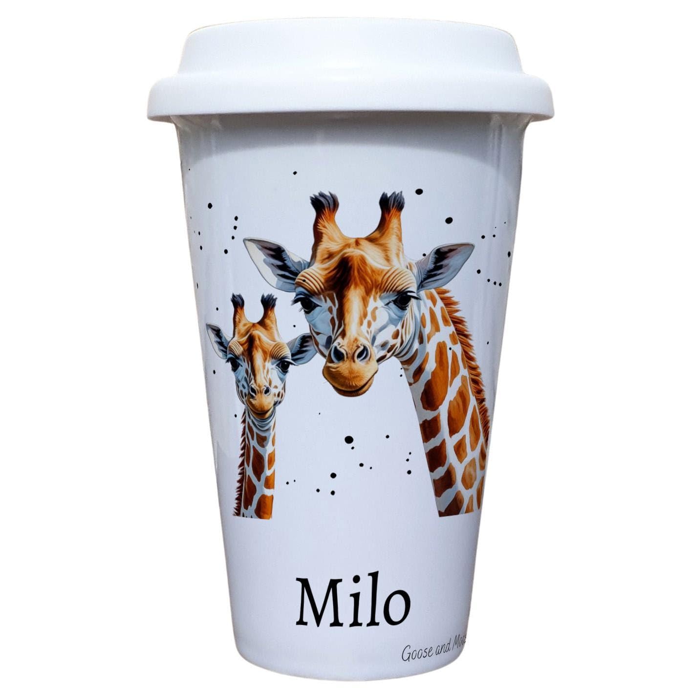 Personalised Giraffe Travel Mug, Gift for Safari Lover, Thank you present for Zoo Animal Lover, Hot Drinks Flask, Insulated Coffee Cup