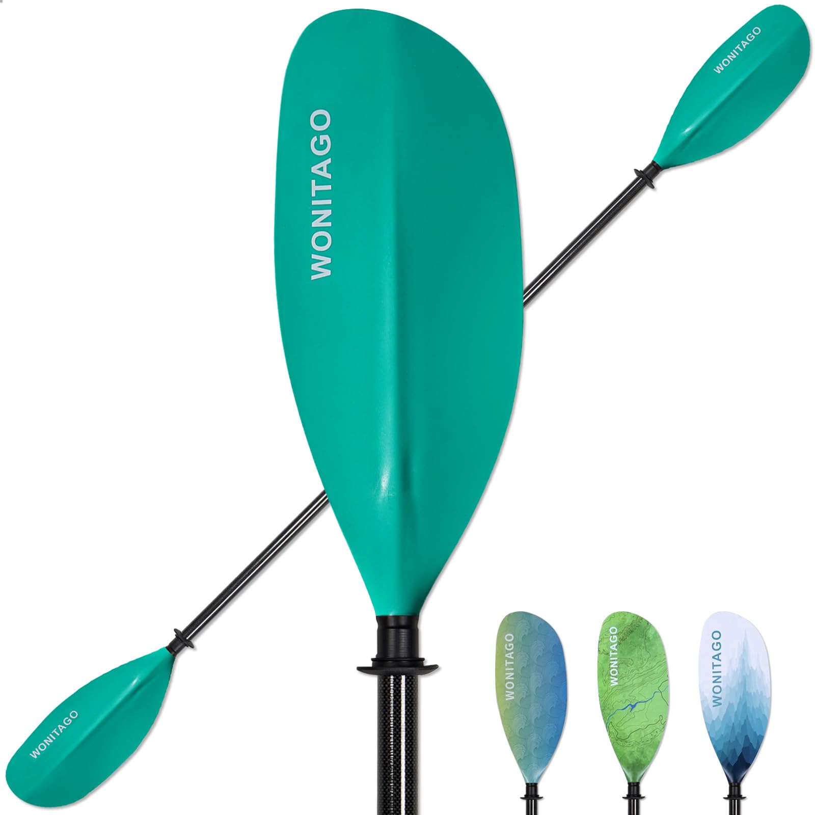Pala de kayak con eje de fibra de carbono y hoja de nailon reforzada, remos ajustables para kayak, 3 piezas, 210-230 cm, verde azulado