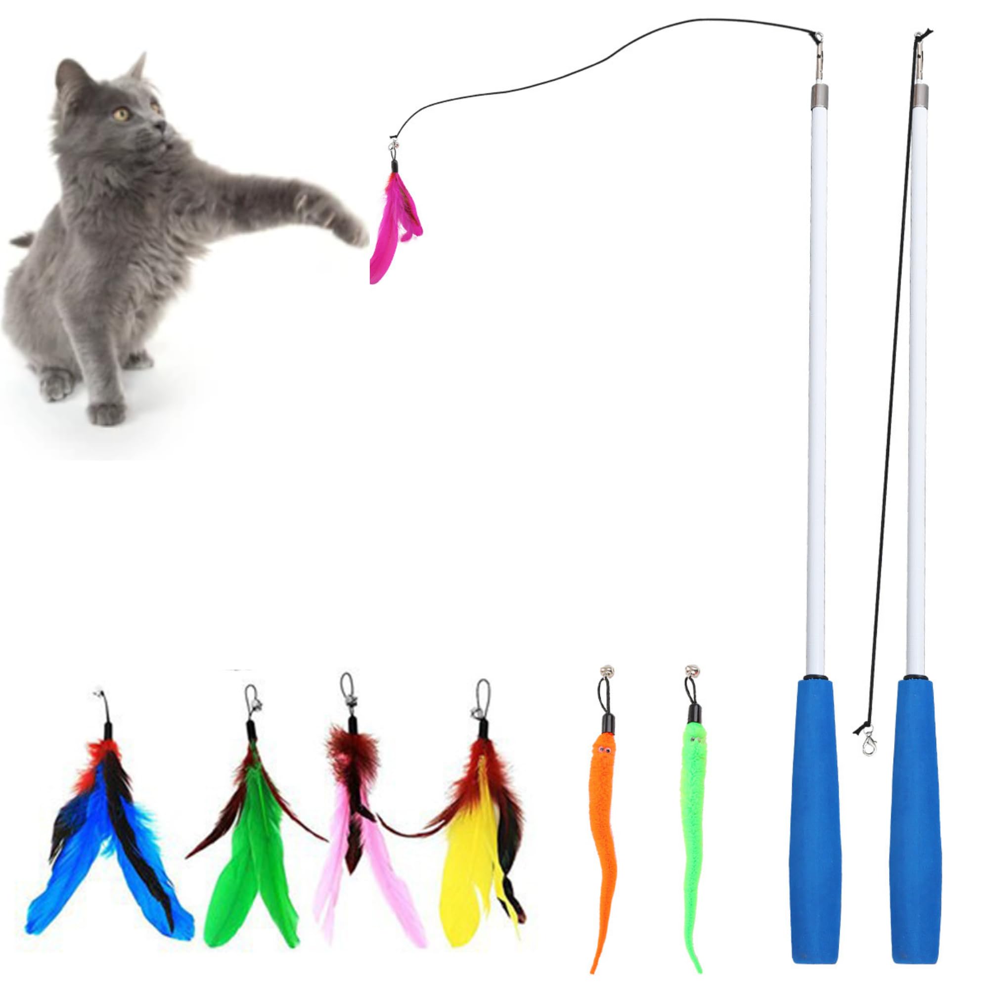 Interactive Cat Toy Wand 2pc Cat Fishing Pole Cat Toy for Indoor Cats with Feather and Funny Toy Refills to Drive Kittens Crazy