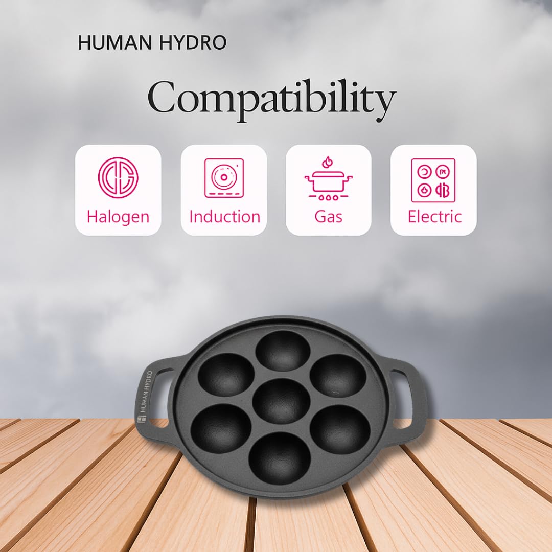 Human Hydro Pre-Seasoned Cast Iron Paniyaram Pan (7-Pit) | Naturally Nonstick, Induction & Gas Compatible | Heavy-Duty Cookware for Paddu, Appam, Kuzhi Paniyaram & More 1