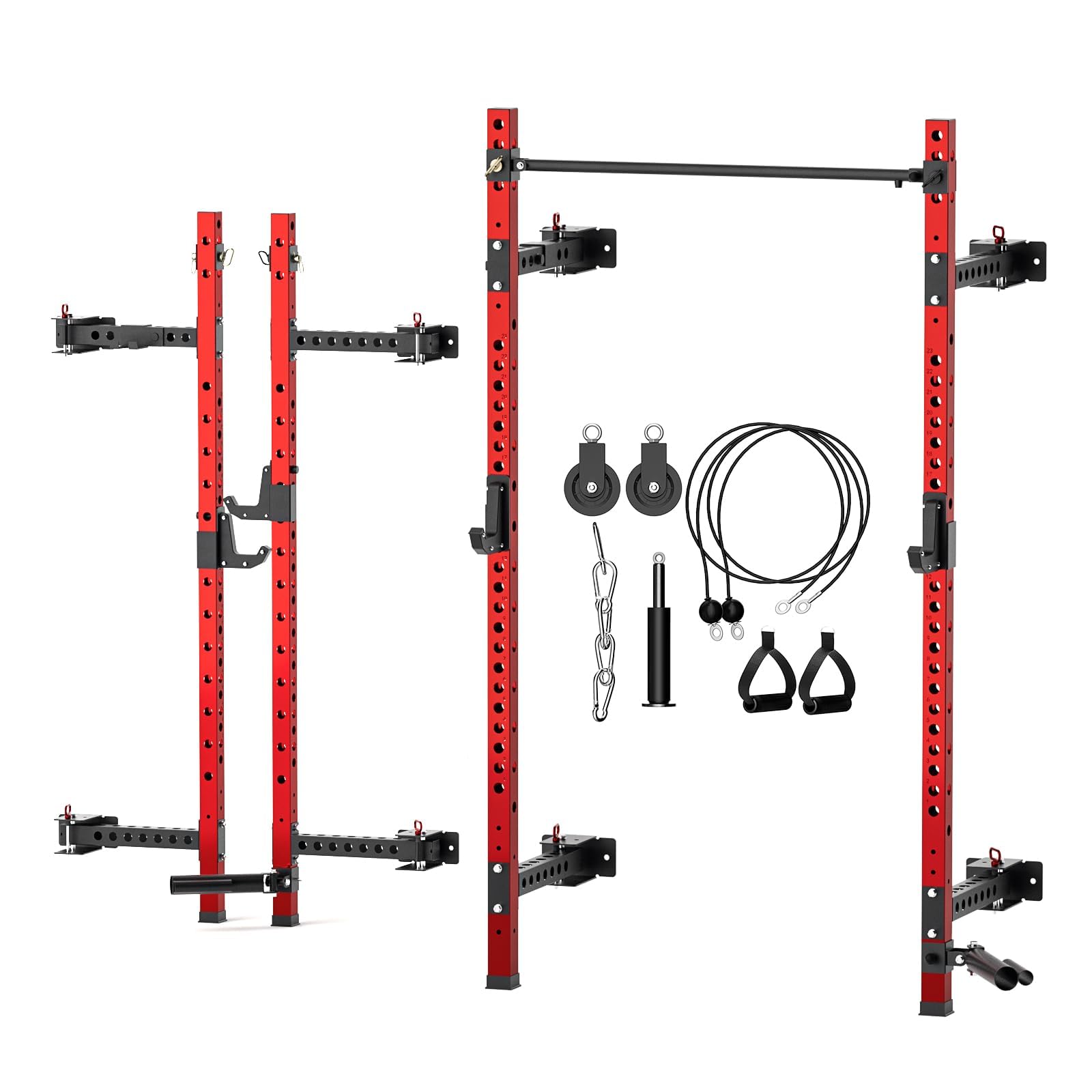 Foldable Power Cage, 1000LBS Capacity Wall Mounted Squat Rack with Pulley System, Quick Removable Pull-Up Bar, J-Hooks, Landmine (Basic Rack with Pulley Cable System)