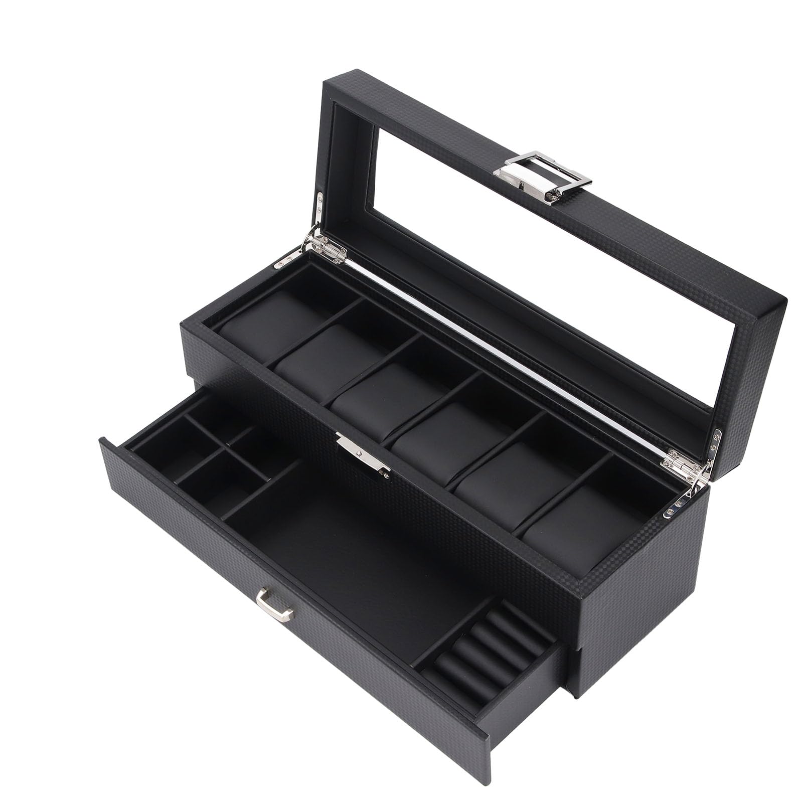 Vitrina de Reloj de 6 Ranuras con Cajón y Tapa de Vidrio Templado para Almacenamiento Organizado de Accesorios, Elegante Acabado de Cuero PU, Perfecto para el Hogar o Regalo