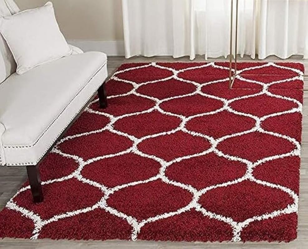 Image of Polyester Fluffy Fur Rugs & Modern Shaggy Floor Carpets for Living Room,Sofa Area,Hall,Kids Room,Guest Room | Elegent Bedside Runners for Besdroom(5X8 Feet Red Mandir)