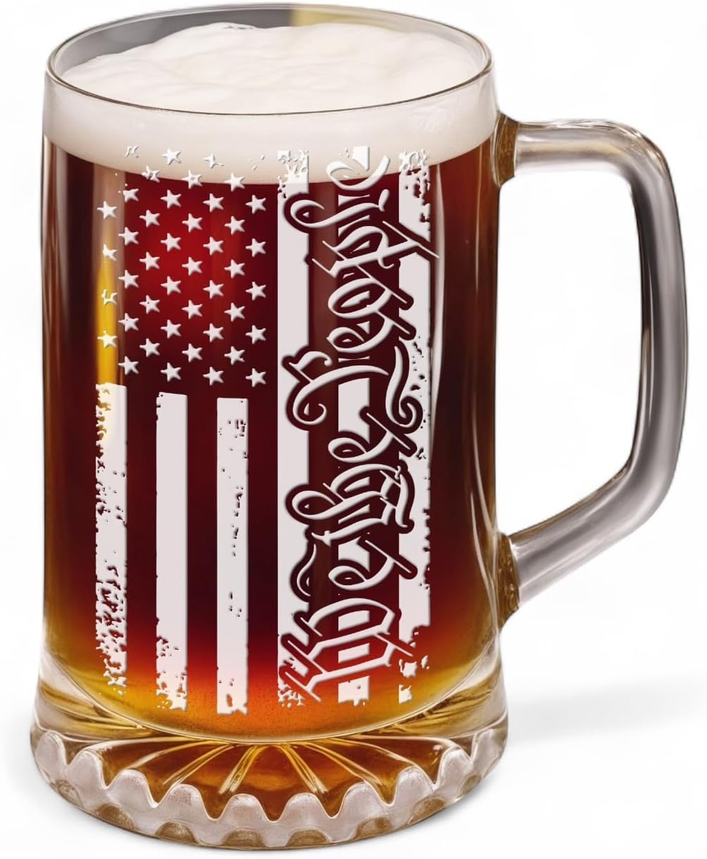 We The People Patriotic Beer Glass – We The People American Flag Engraved Beer Stein – Large 25oz Etched Glass Mug, Constitution Gift for Men, Veteran, Military, or American History Lover
