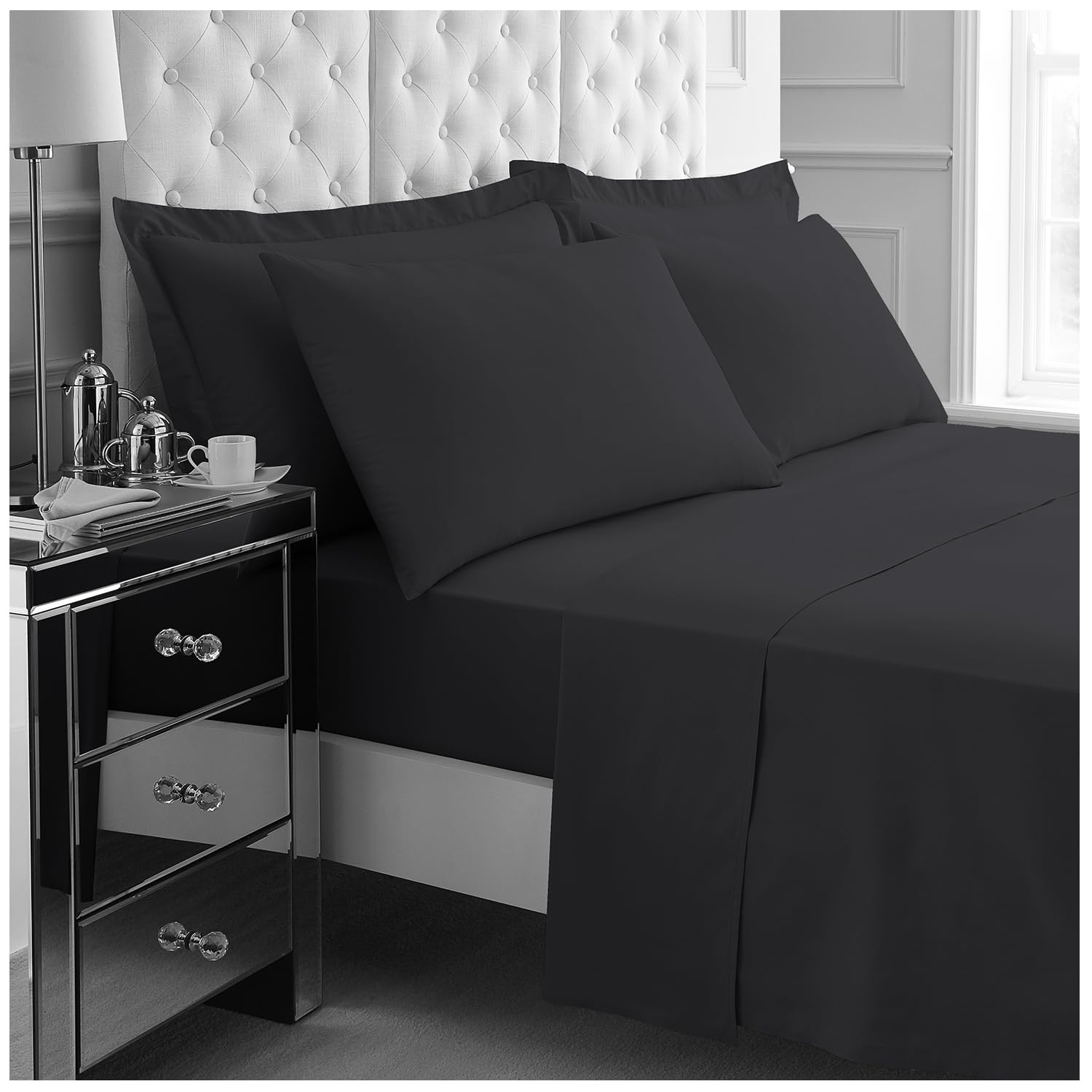 GC GAVENO CAVAILIA 4Pieces Hotel Quality Sheet Set Double - 100% Polyester Bedding - Includes Fitted Sheet, Flat Sheet & Pillowcases - Wrinkle & Fade Resistant, Everyday Home Use - Black