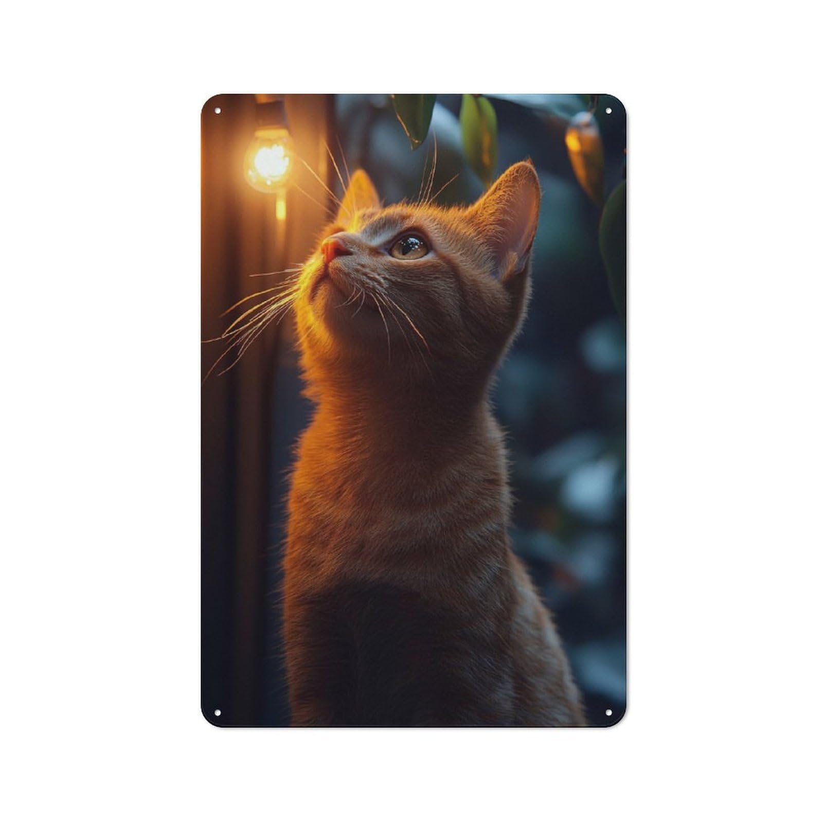 Loft Style Ginger Cat Gazing at Light Decorative Metal Plaque 30x20cm, Studio Wall Art for Workspace, Cafe, Hallway Or Garage