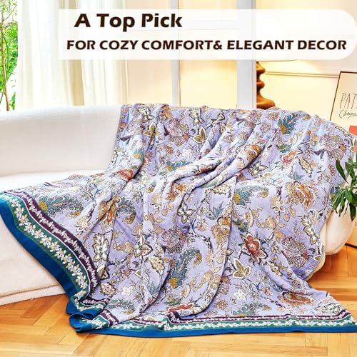 Boho Throw Blanket 60" x 80", 100% Organic Cotton Breathable Ultra Soft Bed Purple Quilt Throw - All Season Luxury Floral Farmhouse Decor Blanket for Sofa Couch Chair and Gift.