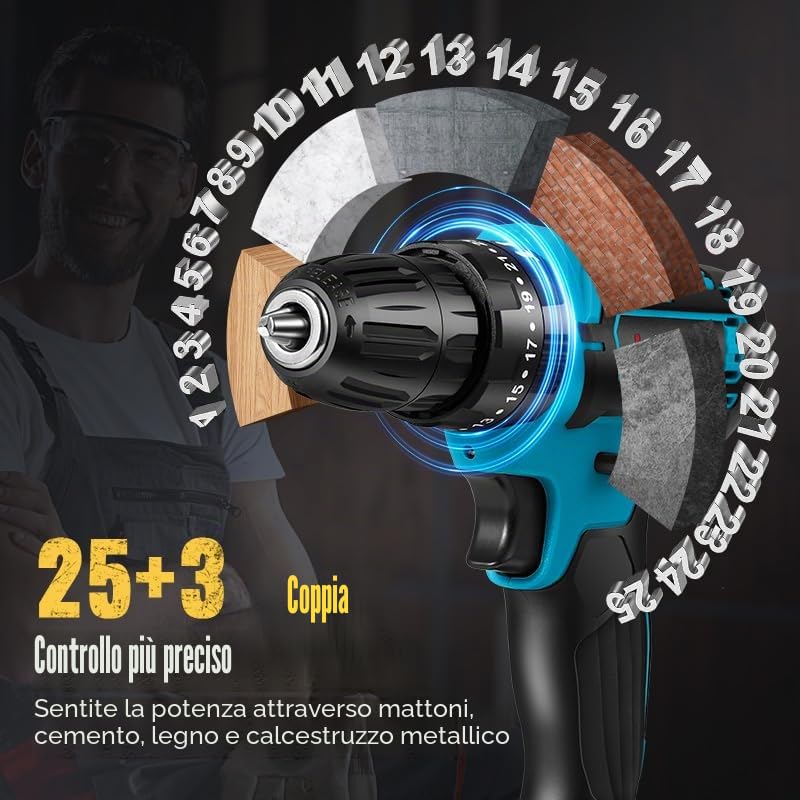 Trapano Avvitatore a Batteria 28 V Con 2 Batterie + 24 Accessori, 25+3 Impostazioni di Coppia, Luci LED, Senza Fili per Fai Da Te