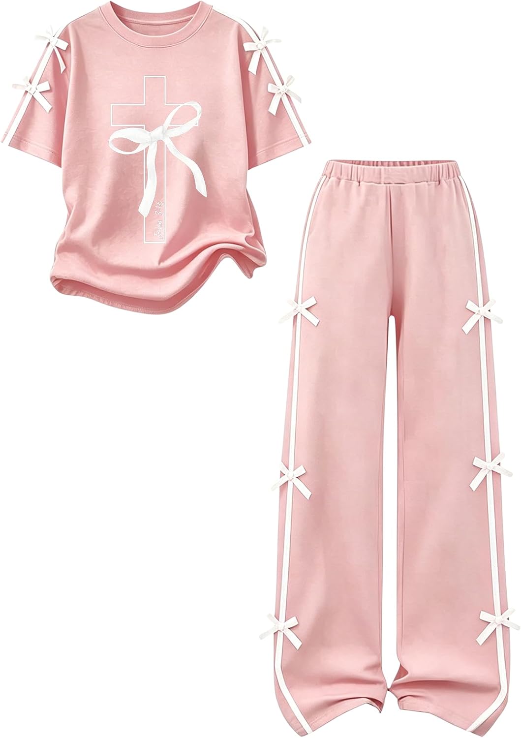 Girls 2 Piece Outfits Bow Print Short Sleeve T-Shirt and Wide Leg Pants with Side Bow Trim Clothes for Girls 7-14Y