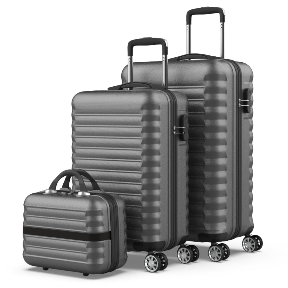 NUMADA-​Juego de Maletas de Viaje Rígidas 3pzs. Mod Maleta Cabina 53cm, Maleta Mediana 63cm y Neceser, ABS Eco Friendly, 4 Ruedas Dobles, Resistentes, Ligeras y Seguras (Gris)