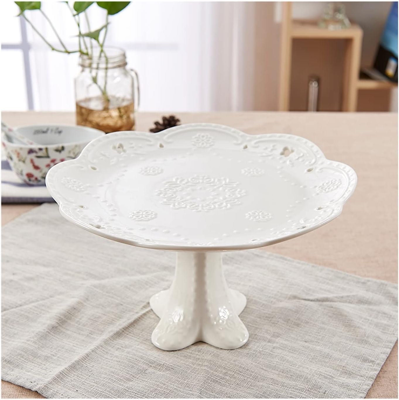 Tray/Tiered Tray Embossed Ceramic Tall Cake Tray Fruit Snack Tray Stand Afternoon Tea Birthday Wedding Dessert Table Tower Tray (Grey)