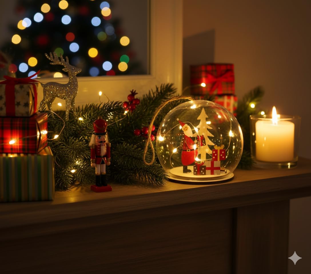 Kit Decoração de Natal com Luzes LED – Cúpula de Vidro Iluminada com Figuras Natalinas de Madeira – Enfeite Natalino Elegante para Mesa, Sala e Presente