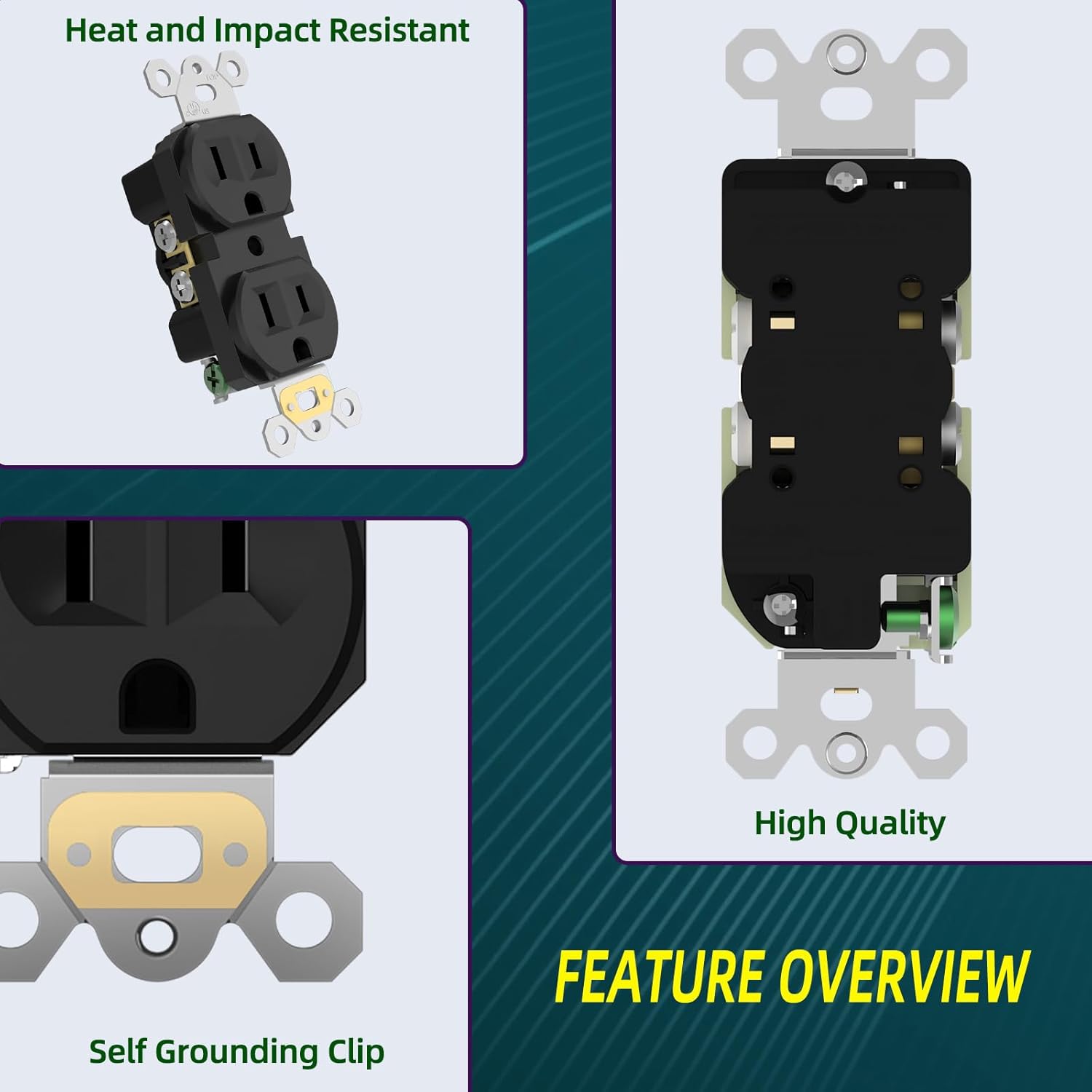 TOPELER Duplex Receptacle Outlets, 15A Standard Electrical Wall Receptacle for Commercial and Residential, Non-Tamper Resistant Outlets, 2 Pole 3-Wire, Self-Grounding, UL Listed, Black, 50 Pack