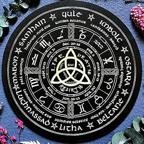OKDOKEY 11.8" Wiccan Calendar Wood Engraved Board, Wooden Witch Altar and Crystal Grid for Wicca, Wall Art, Pagan, Home Decor and Witchcraft Gift - Wheel of The Year(Black) Cover