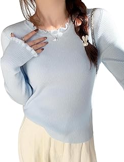 [MzcoYmm] ニット セーター レディース フリル リブニット 長袖 カットソー トップス 丸首 薄手 無地 柔らか 伸縮性 着痩せ 普段着 通勤 春 秋 冬