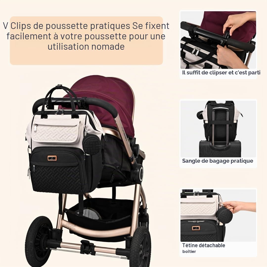 BabbleRoo Sac à Langer Bébé, Sac à Dos à Langer Grande Capacité Déperlant – Large Ouverture sur le Dessus, Tapis à Langer, Étui à Sucette Amovible, Sangles Poussette, Sac de Voyage Unisexe