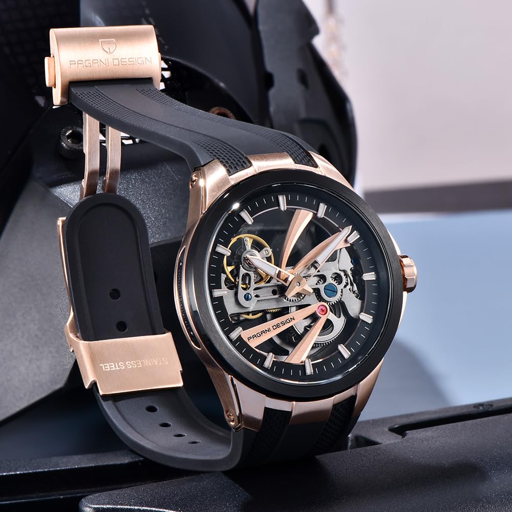 Pagani Design, orologio meccanico automatico da uomo, quadrante scheletrato, cassa in acciaio inossidabile, cinturino in fluorurubber, impermeabile fino a 100 m, orologio di lusso per uso quotidiano