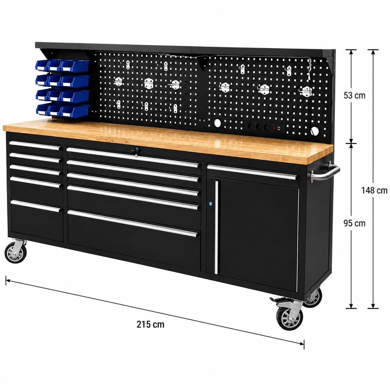 RESSER Stół Warsztatowy Wózek Narzędziowy Szafka Kuwety 215cm XXL LED Listwa 230V