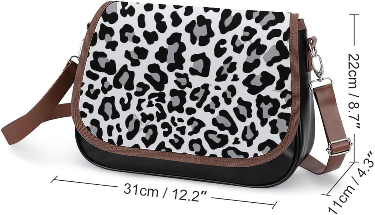 Black, White And Grey Leopard PrintWomen's Faux Leather Crossbody Bag, Waterproof Wrinkle-Resistant Shoulder Bag with Detachable Strap, Large Capacity Casual Handbag, Fashion Daily Purse for Shopping