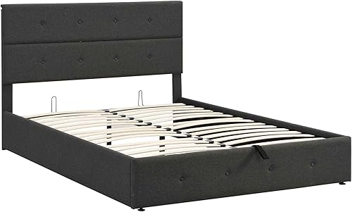 Miniatura 8 de Cama tapizada de plataforma tamaño Queen con almacenamiento en la parte inferior, marco de cama de madera con cabecera copetuda, perfecta para