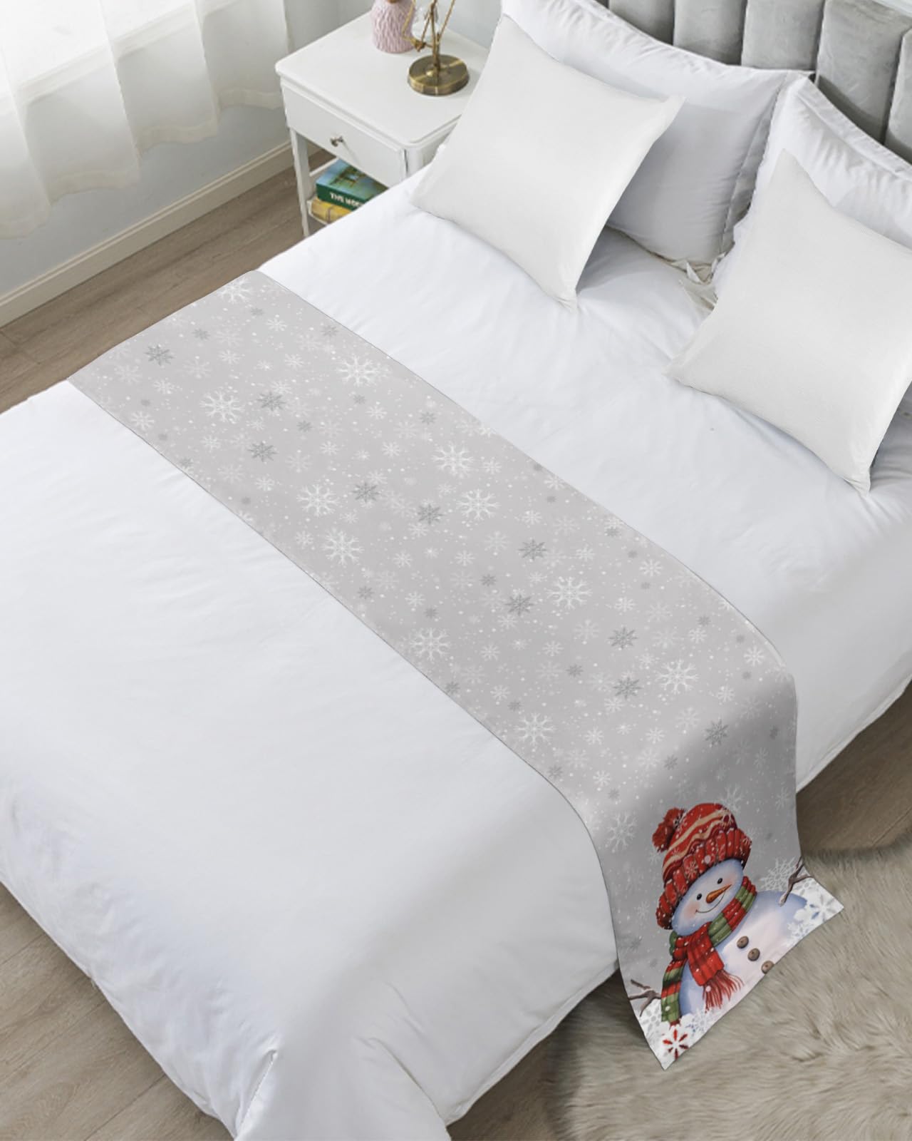Grey Snowman Bed Runner for Full/ Queen Size Bed, Bedspread Protector Slipcover Bed Scarf for Foot Bed Runners & Scarves for Bedroom Wedding Room 83x20 Inches Christmas Fantasy Forest Winter Snowflake