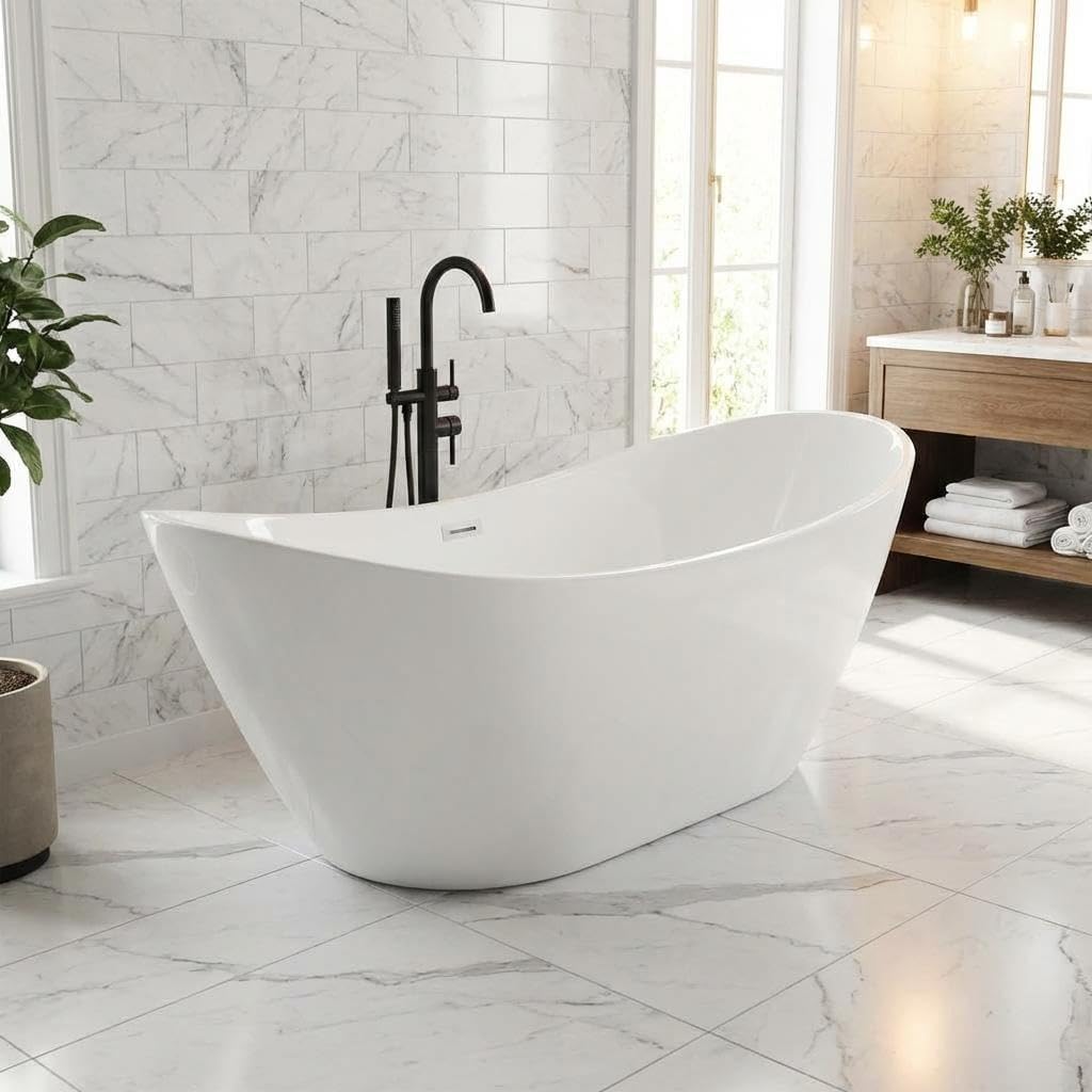 59'' Acrylic Freestanding Bathtub, Deep Soaking Tub with Non-Slip Base, cUPC Certified Free Standing Tub, Chrome Drain Bath Tub, Modern Tub for Bathrooms, White - Image 9