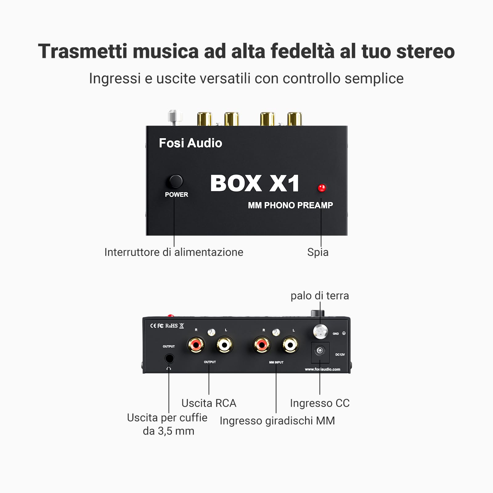 Fosi Audio BOX X1 Preamplificatore Phono MM, Mini Giradischi Hifi con Uscita Cuffia 3.5mm RCA/TRS, Alimentazione 12V