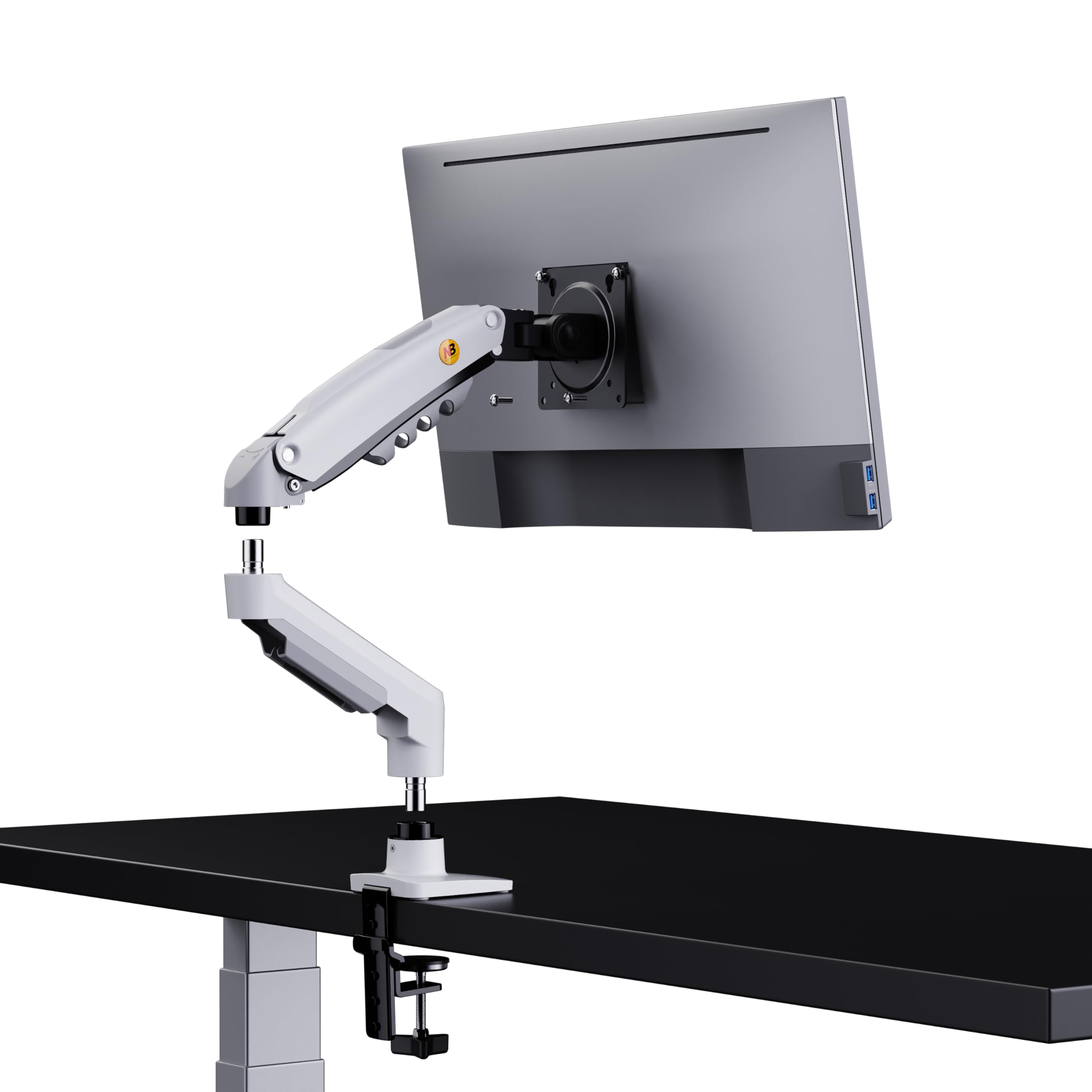 Supporto da scrivania con molla a gas per schermi LCD 17″-32″, bianco, VESA 75 mm e 100 mm, rotazione a 360° con peso da 2 a 9 kg
