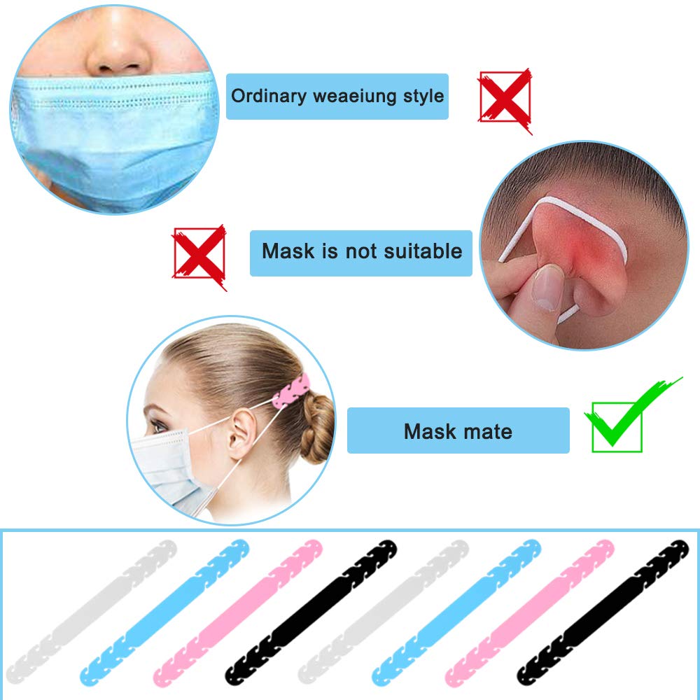 AFUNTA Lot de 8 extensions de sangle pour masque d'oreille-Antidérapantes-Réglables-4 vitesses-8 clips de rangement pour masque-Protège les oreilles de longues périodes-Pour infirmières,travailleurs